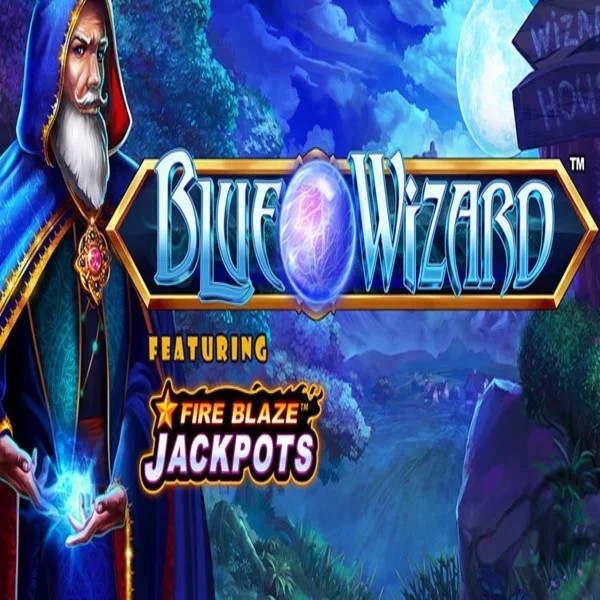 Blue Wizard Fire Blaze Jackpots logo by Rarestone Gaming at Spinsy Casino